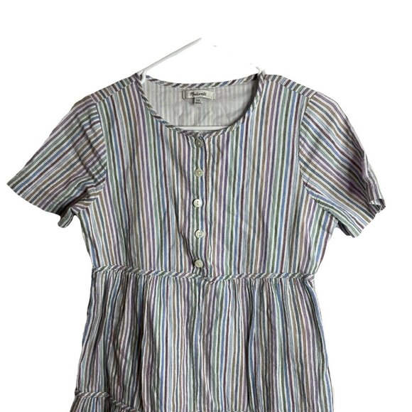 Madewell Button Front Short Sleeve Tiered Mini Shirt Dress Womens XXS Striped - Picture 2 of 8